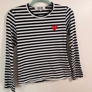Comme des Garçons PLAY Black & White Striped Long Sleeve Tee with Red Heart